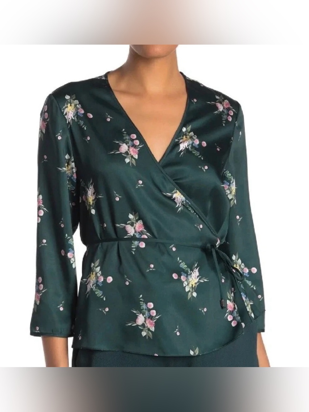 Worn only once! Ted Baker Dark Green Floral Wrap Top